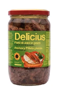 Анчоусы DELICIUS филе РЕЗАННЫЕ в подсолнечном масле /стекло/ 700г*6 Анчоусы DELICIUS филе РЕЗАННЫЕ в подсолнечном масле /стекло/ 700г*6