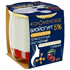 Биойогурт КОЛОМЕНСКИЙ с коллагеном термостатный, обогащённый бифидобактериями "Вишня" мдж 5,0% /стекло/ 160г*4